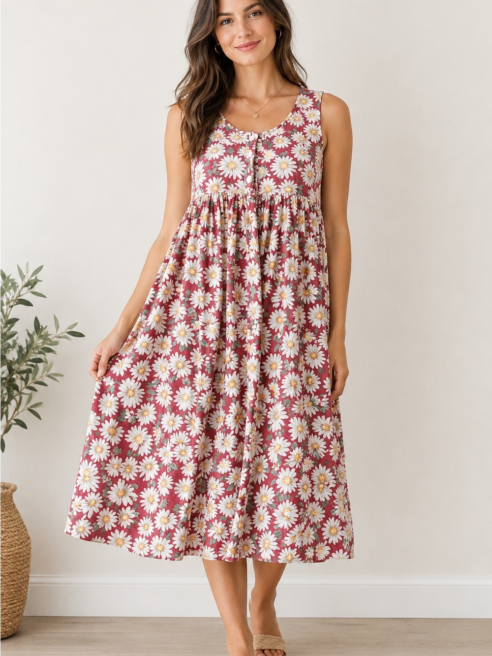 Vintage 1990’s Sostanza Sleeveless Daisy Print Midi Dress in Dusty Rose Sz L